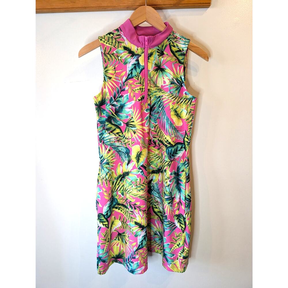Tommy Bahama Golf Tropical Print Zip Mock Neck Dress Pink Small Resortwear
